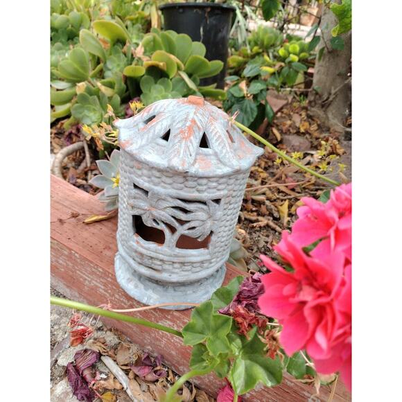 Tealight Party 7" Candle Holder Tropical Palm Asian Island Terracotta Pottery - Picture 3 of 12